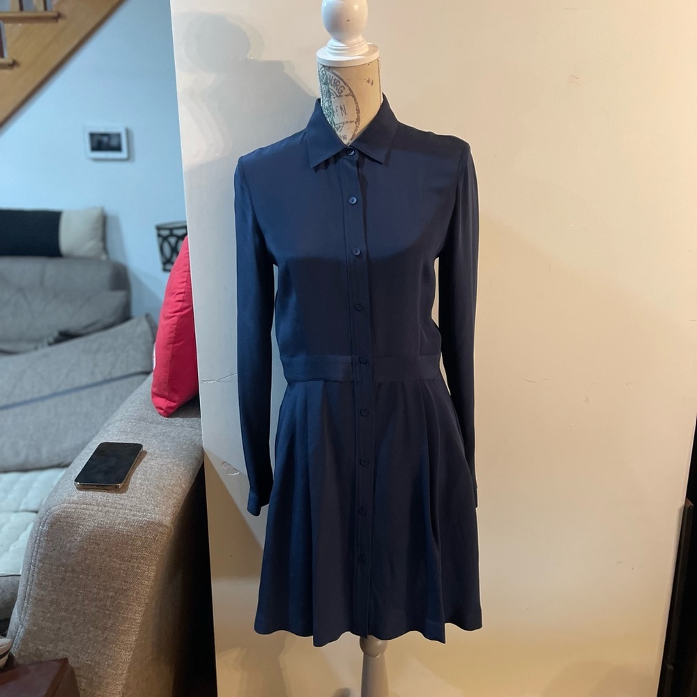 Theory Navy Long-Sleeve Button Shirt Dress